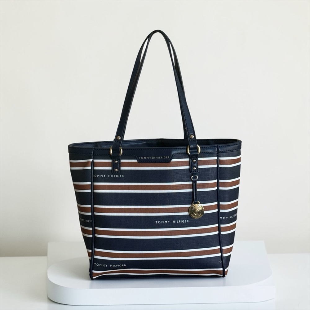 NWOT Tommy Hilfiger Navy & Brown Striped Tote Bag!